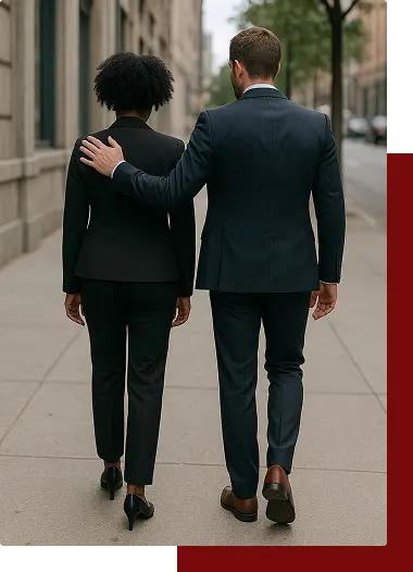 A man in a suit walks beside a woman in a black suit, both facing away on a city sidewalk.