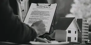 Hand holding a pen, signing a contract titled "CONTRACT," with a small model house and documents in the background.